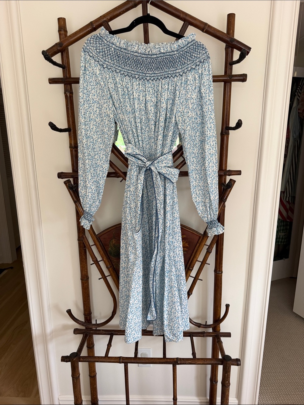 Smocked Off-Shoulder Floral Midi Dress in Light Blue by Dondolo